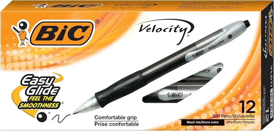 BIC Velocity Retractable Ballpoint Pens, Medium Point (1.0 mm), Black Ink Pens, 12-Count Pack, With Comfortable Grip