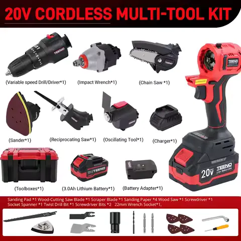 TEENO 20V MAX Power Tool Combo Kit, 7 Tool Cordless Power Tool Set with 3.0Ah Battery, Charger, and Tool Box Included, Brushless