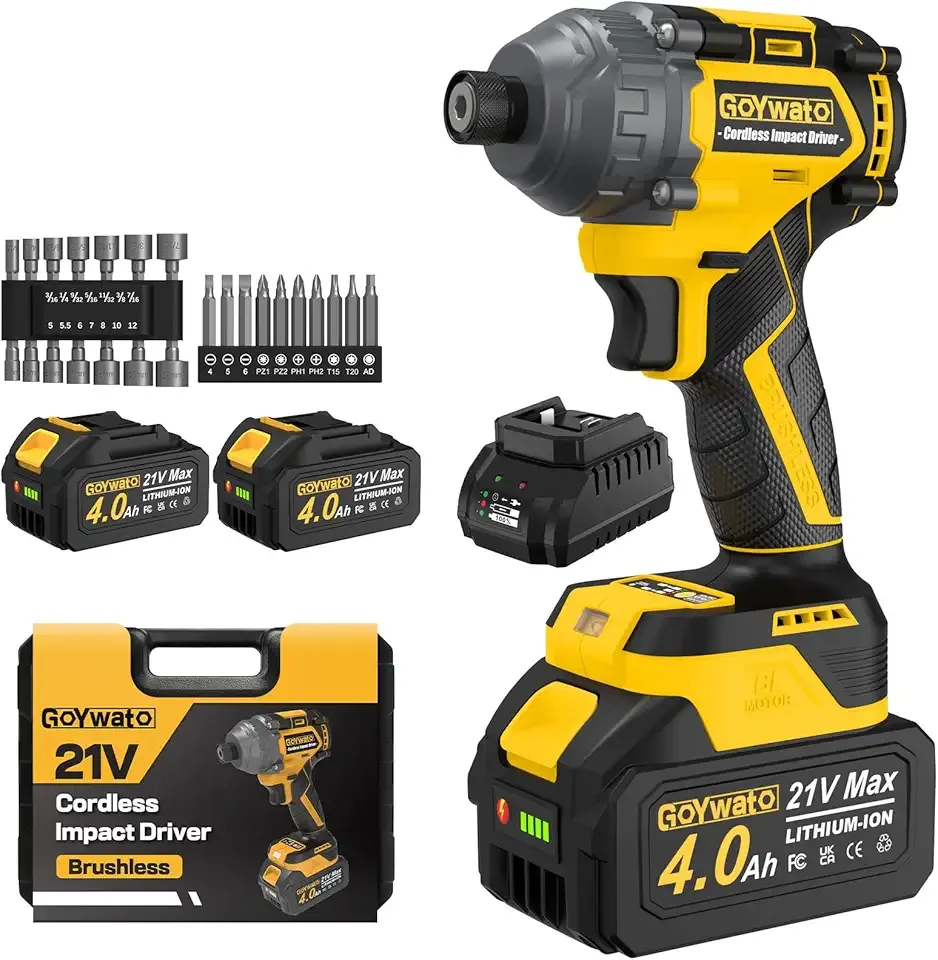 Cordless Impact Driver 2655In-lbs(300N·m) - 21V 1/4" Hex Chuck Brushless Hand Impact Driver With & 2 x 4.0Ah Battery & Charger & 14 x Sockets Set & 10 x Screwdriver Bit for Home Projects & DIY