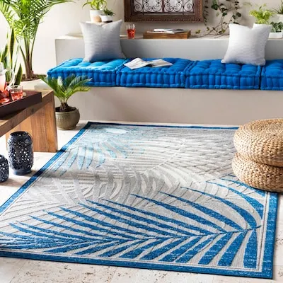 Big Sur 7 x 9 (ft) Flatweave Polypropylene Dark Blue Rectangular Indoor/Outdoor Floral/Botanical Tropical Hose Washable Pet Friendly Area rug