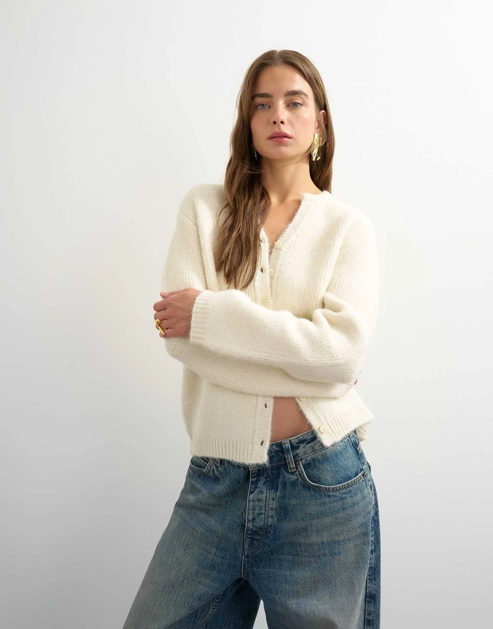 Topshop knitted fluffy eyelash cardigan in ivory