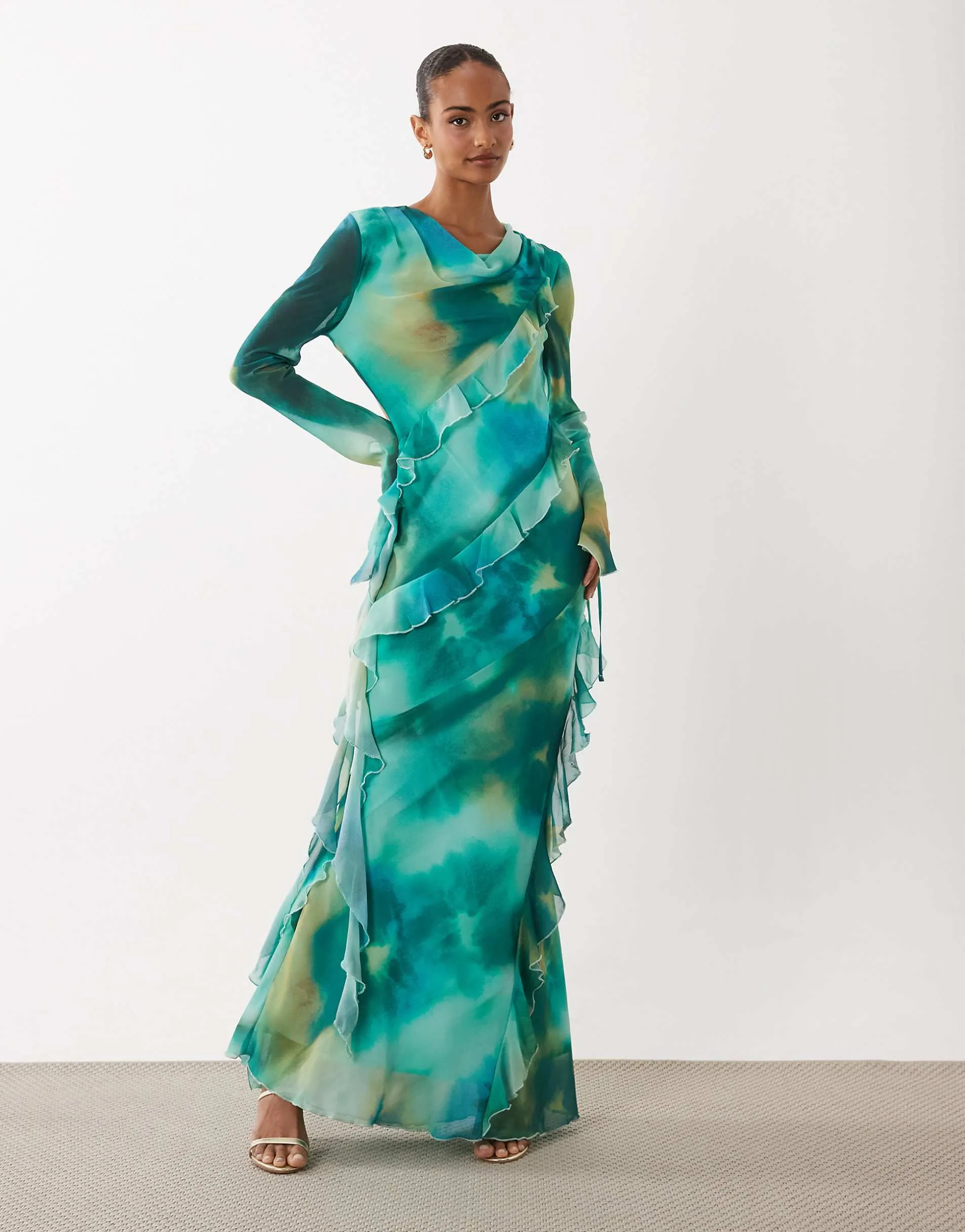 Daska chiffon high cowl neck frill detail maxi dress in green abstract print