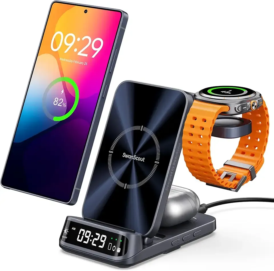 SwanScout 708S 3-in-1 Wireless Charging Station for Samsung S25 Ultra/S25/S24/S23/S22/Z Flip7, Foldable Wireless Charger for Galaxy Watch 8 Classic/8/Ultra/7/FE/6/5 (No Adapter)