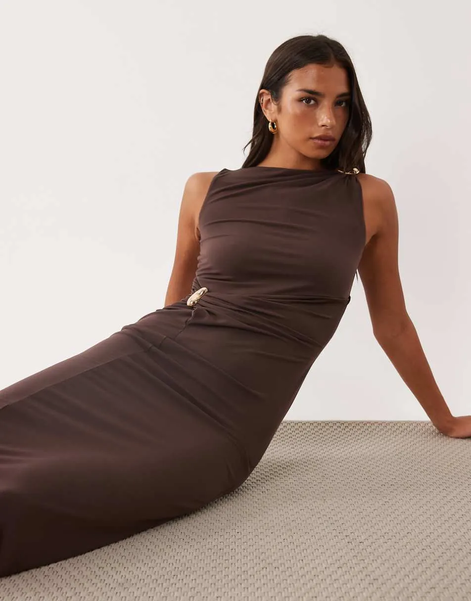 ASOS DESIGN twist hardware detail midi dress in chocolate