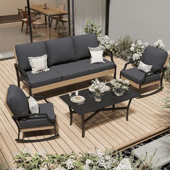 JFHID Outdoor Patio Furniture Sets on sale,4 PCS Conversation Bistro Sets with Rocking Chair & Coffee Table (Dark Grey) $449.99 Was $799.99