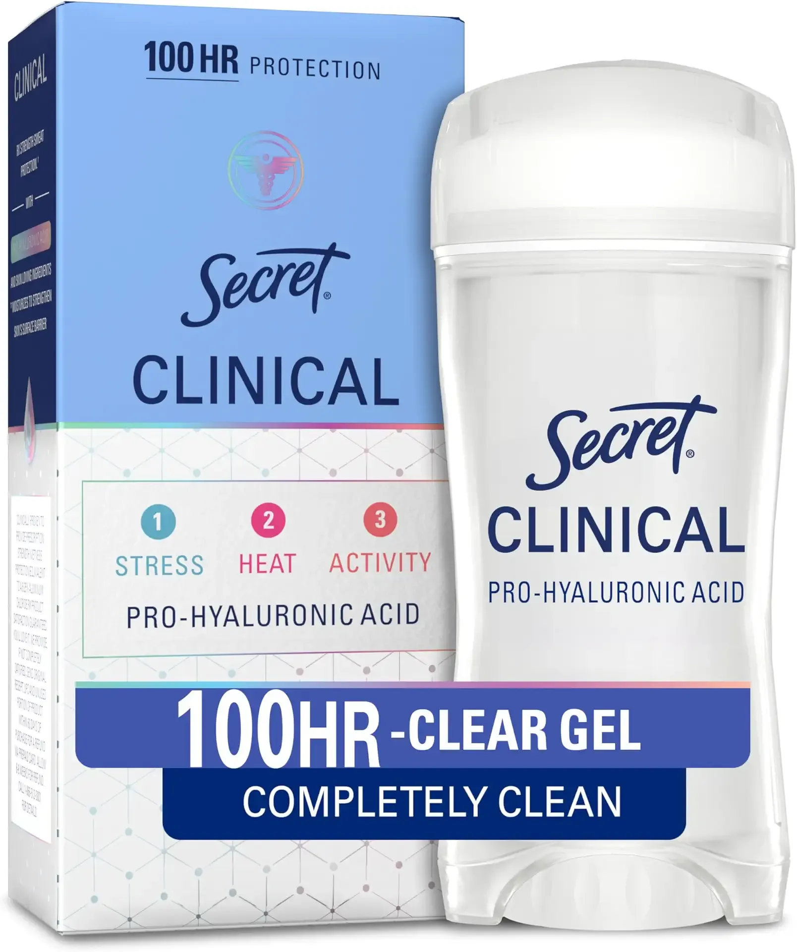 Secret Clinical Strength 100HR Sweat & Odor, Clear Gel Antiperspirant Deodorant for Women, 3X Stress Protection with Hyaluronic Acid, PH Balancing Minerals, Completely Clean Scent, 2.6 oz
