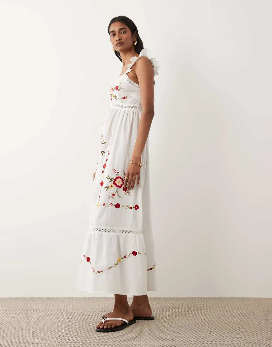 Miss Selfridge lace insert embroidered maxi dress in white