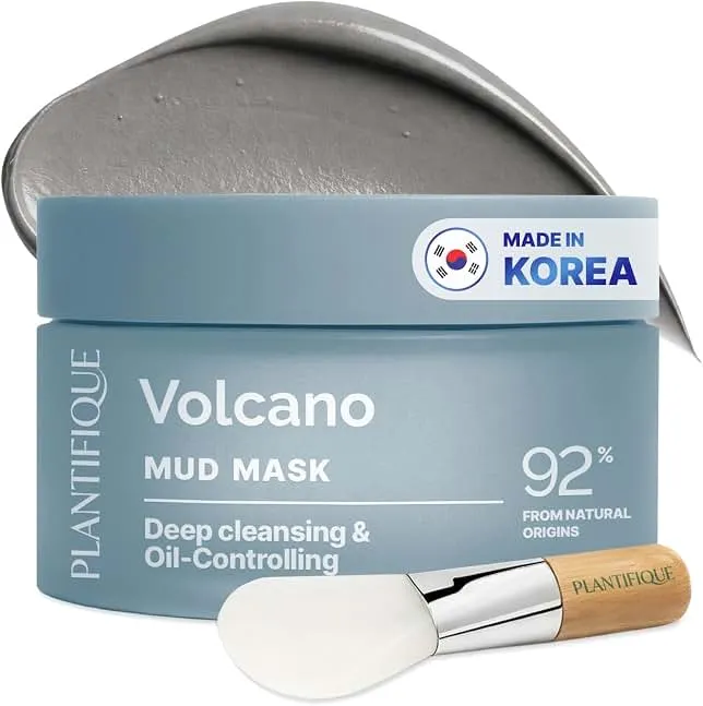 PLANTIFIQUE Korean Volcanic & Dead Sea Mud Mask, Pore Cleansing & Refining | Charcoal Face Mask with Kaolin & Bentonite Clays, Shea Butter, Hyaluronic Acid – Purifies, Hydrates & Calms, 3.88oz