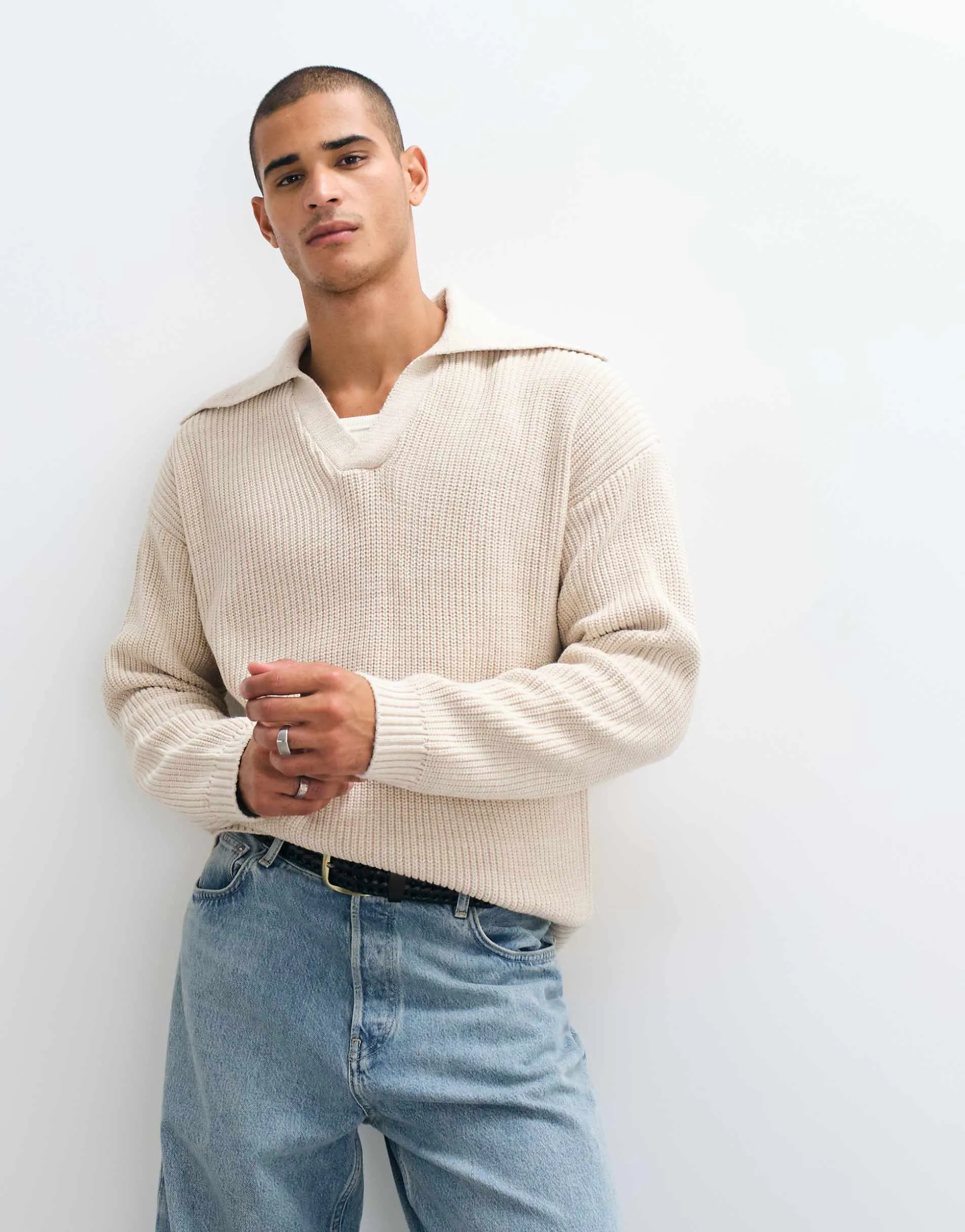 ASOS DESIGN oversized knitted extreme open collar polo jumper in ecru