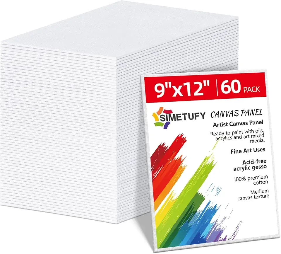 Simetufy 9x12 inch 60 Pack Painting Canvas Boards- Gesso Primed | Acid-Free 100% Cotton Canvas Panels for Acrylics Oil Watercolor Tempera Paints