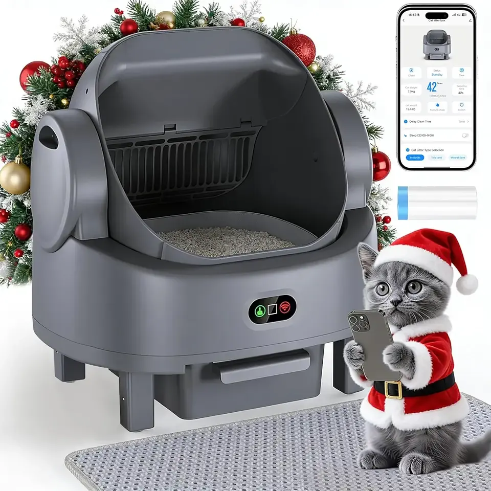 Self Cleaning Cat Litter Box, Open-Top Large Automatic Litter Box for Multiple Cats with Safety Sensors, Includes Liner Bags and Litter Mat
