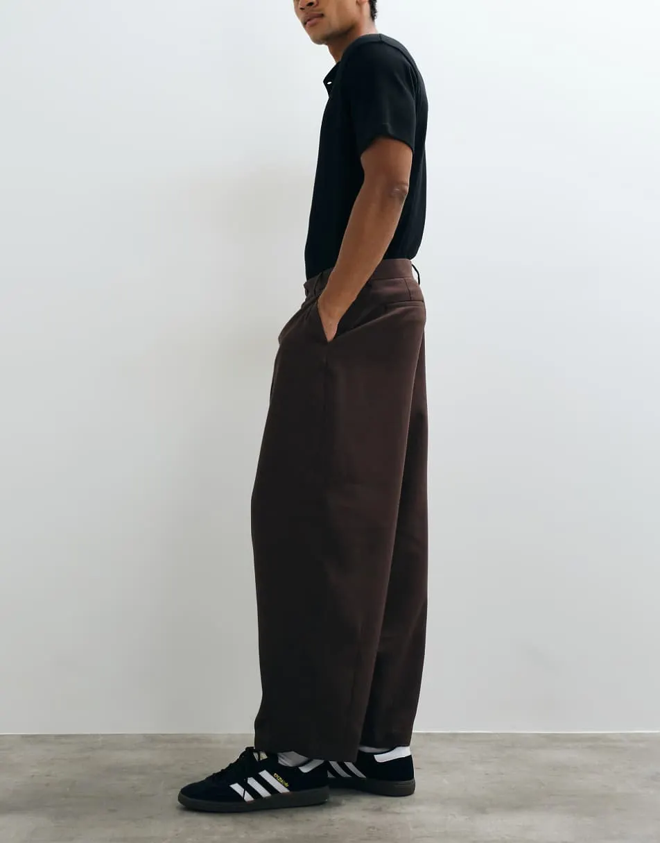ASOS DESIGN tailored pleated wide barrel leg trousers in dark brown microtexture