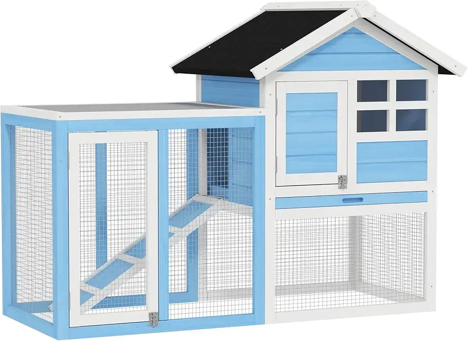 PawHut 49" Wooden Rabbit Hutch Bunny Cage with Waterproof Asphalt Roof, Fun Outdoor Run, Removable Tray and Ramp, for Rabbits, Chickens, Ducks, Light Blue