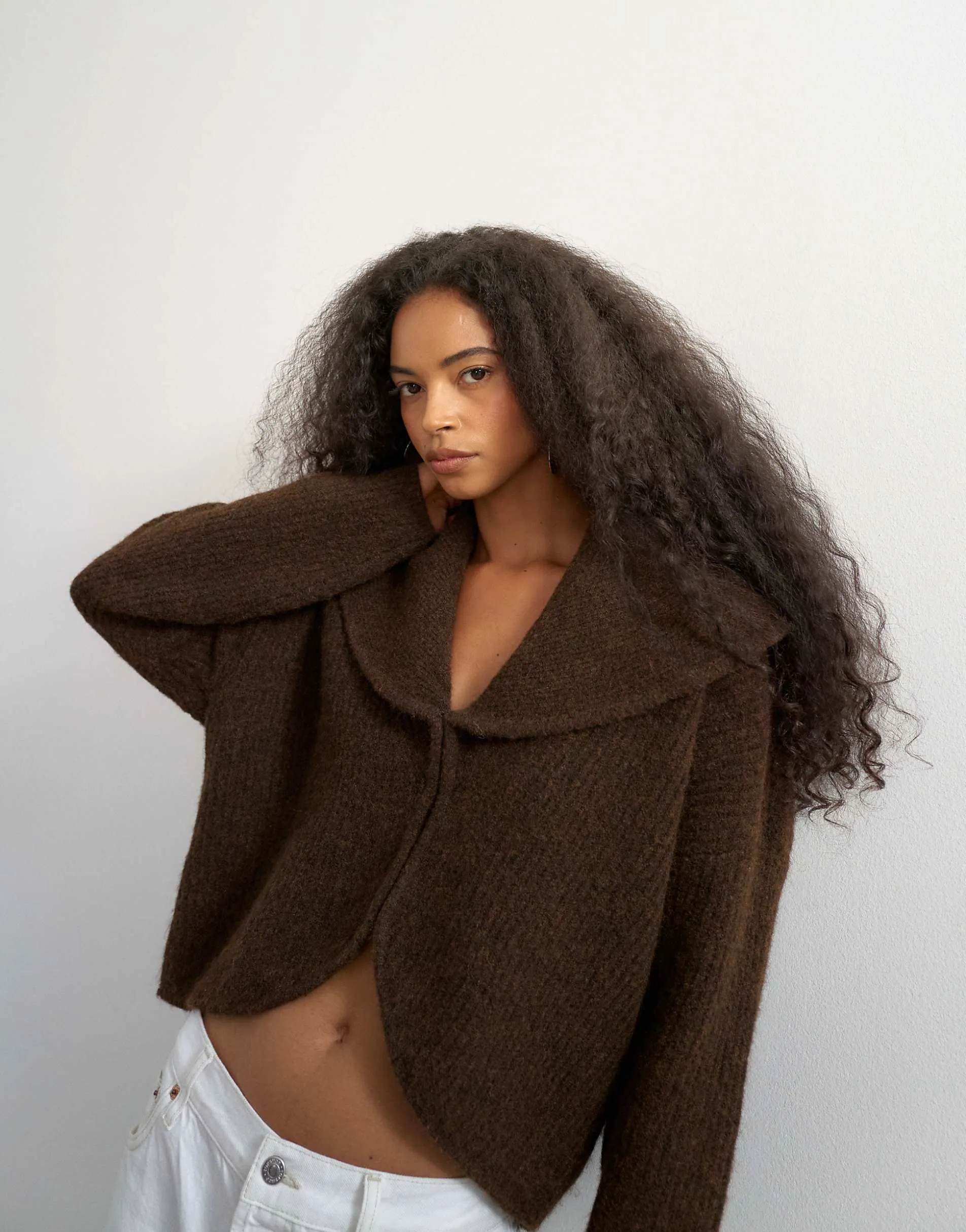 Topshop knitted shawl collared cardigan in pecan