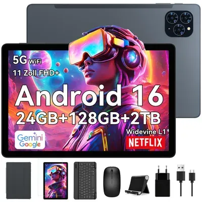 TABWEE 2025 T90 Tablet Android 16 11 Zoll, 24GB (8+16) RAM+128GB ROM(2TB TF), 5G WiFi, mit Stift/Maus/Tastatur, 8000mAh/16MP+8MP/Widevine L1/Gemini AI