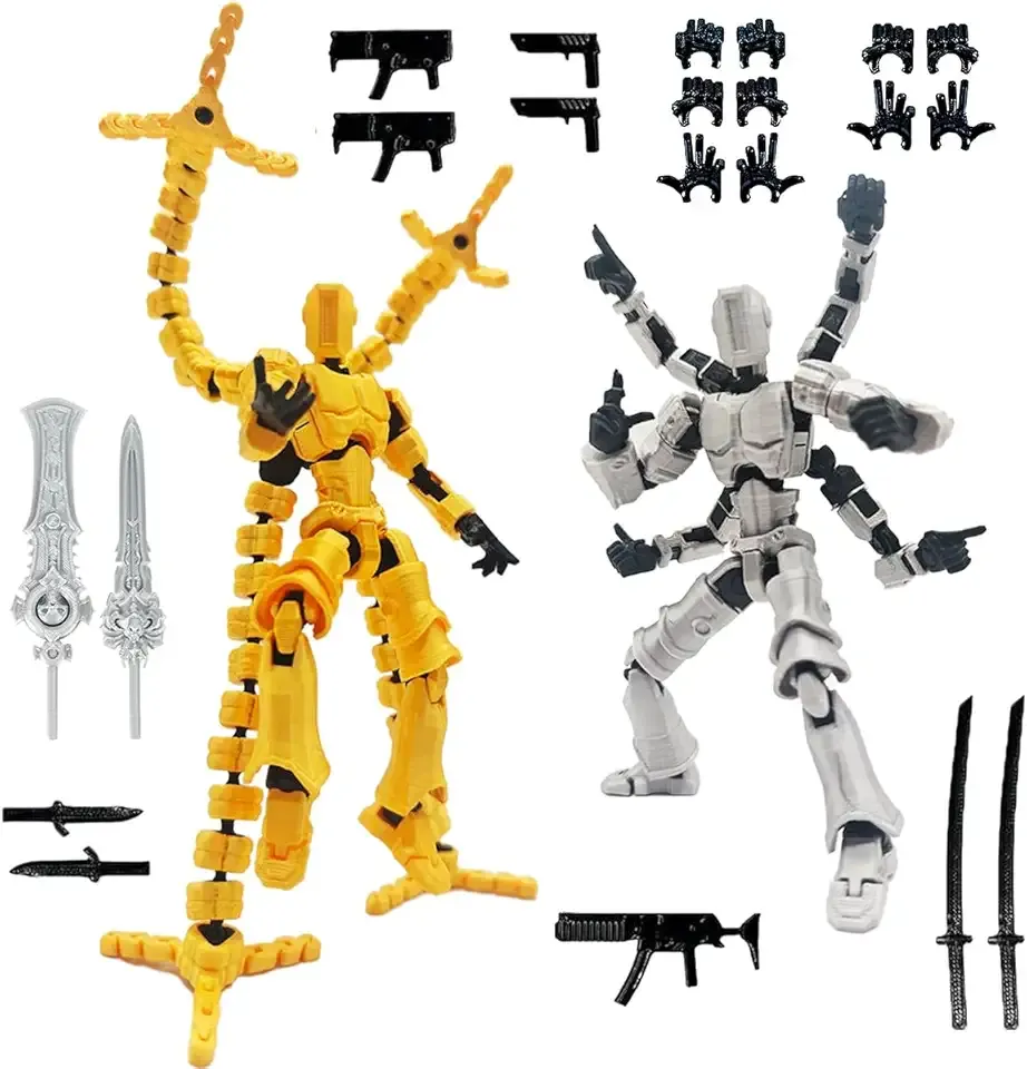 T13 3D Action Figure Set (Assembly Completed) 2 Pcs, 3D Printed Multi-Jointed, Titan 13 Action Figures, Multi-Articular Lucky Mobile Robot Nova,Desktop Decorations for Game Lovers Toys (Gold Sliver)