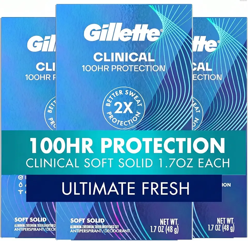 Gillette Clinical Antiperspirant and Deodorant for Men, 100HR Sweat & Odor Protection, Long Lasting Freshness, Anti-White Mark Technology, Soft Solid, Ultimate Fresh Scent, 1.7 oz (Pack of 3)