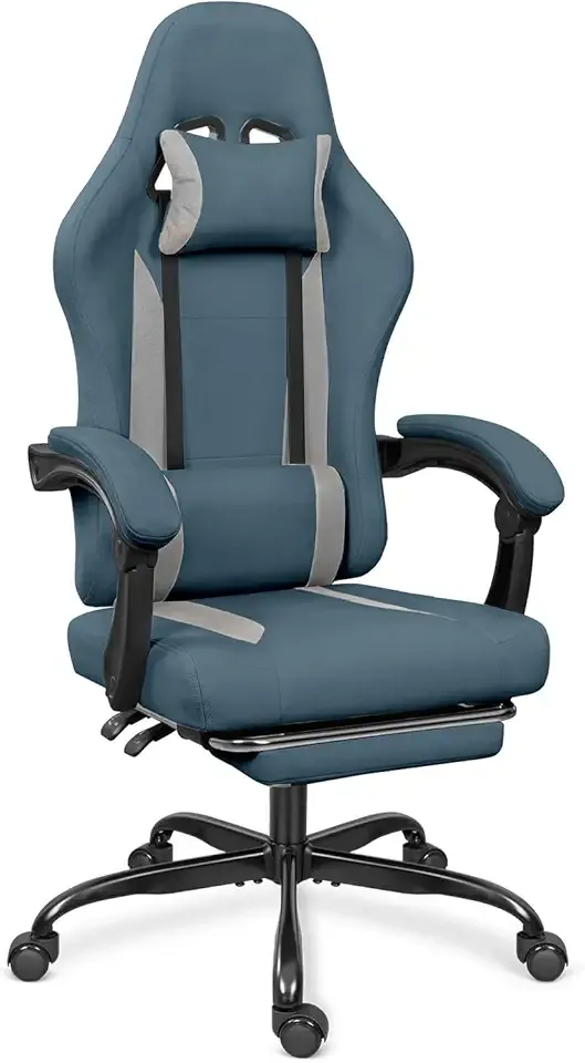 Breathable Fabric Gaming Chair with Footrest, Height Adjustable Game Chair, Video Gaming Chair for Gaming Room, Living Room and Office - Blue/Light Grey