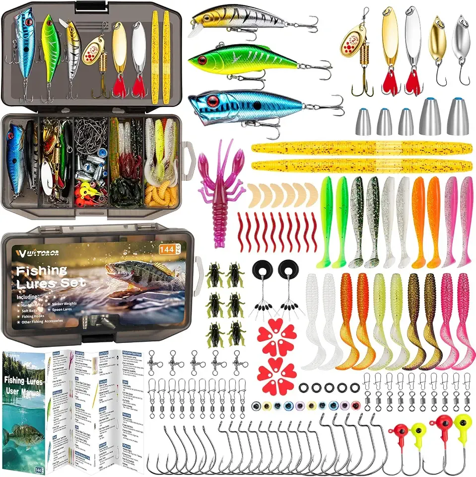 WITOROR Fishing Lures, Tackle Box with Tackle Included, Crankbaits, Soft Plastic Baits, Hooks, Weights & Fishing Accessories, Freshwater Fishing Gear Kit for Bass, Trout, Walleye & Beginners