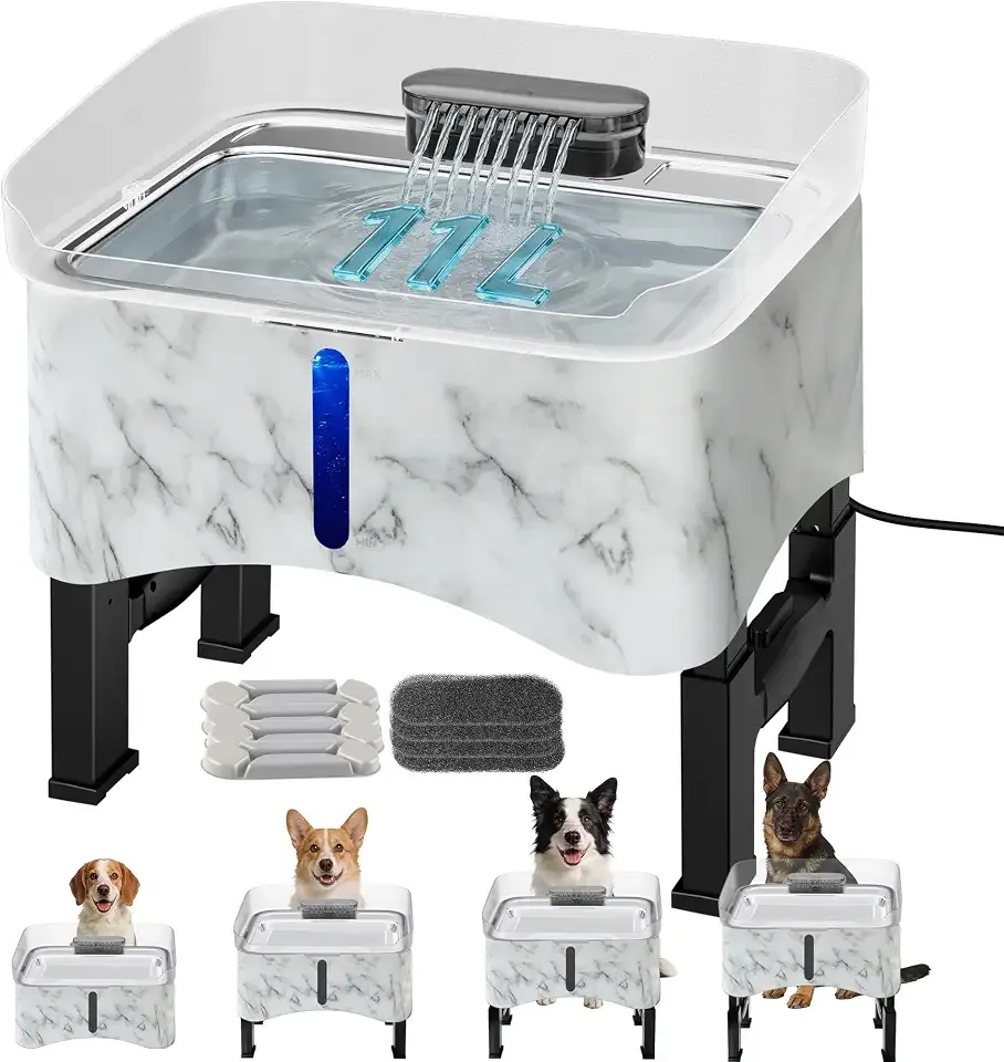 UPSKY 11L Elevated No-Spill Dog Water Fountain with 4 Adjustable Heights | Large Dog Water Dispenser, No-Splash, 304 Stainless Steel Tray, 5-Layer Filtration, for Large/Senior Dogs & Multi-Pet Home