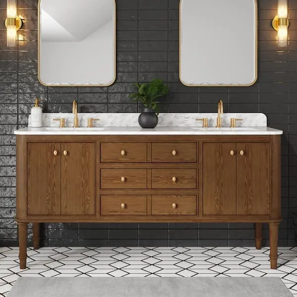 Home Decorators Collection Collette 72 in. Double Sink Cinnamon Oak Bath Vanity with Carrara White Marble Top (Assembled)