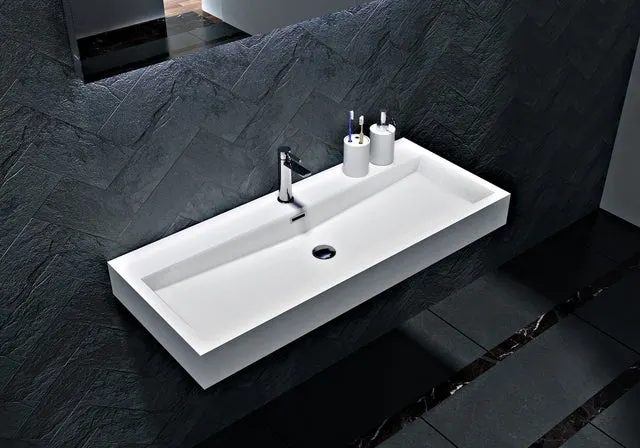 BERNSTEIN - Lavabo de pared/sobre encimera de mármol fundido BS6002 - blanco - 76,5x42x10cm - con orificio pretaladrado
