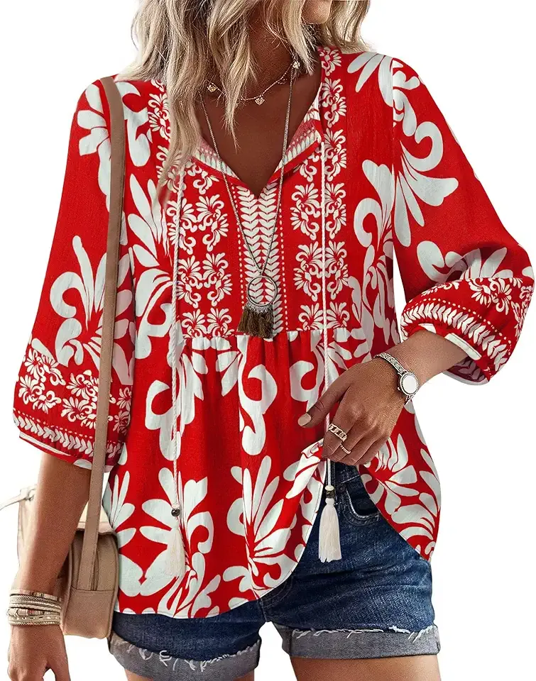 Womens Summer Boho Babydoll Tops 3/4 Sleeve Pleated Peplum Blouses Casual V Neck Tie Front Fall Tunic Tops