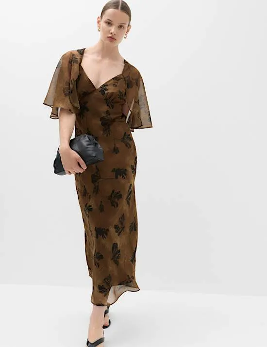 Floral Cape V-Neck Maxi Tea Dress