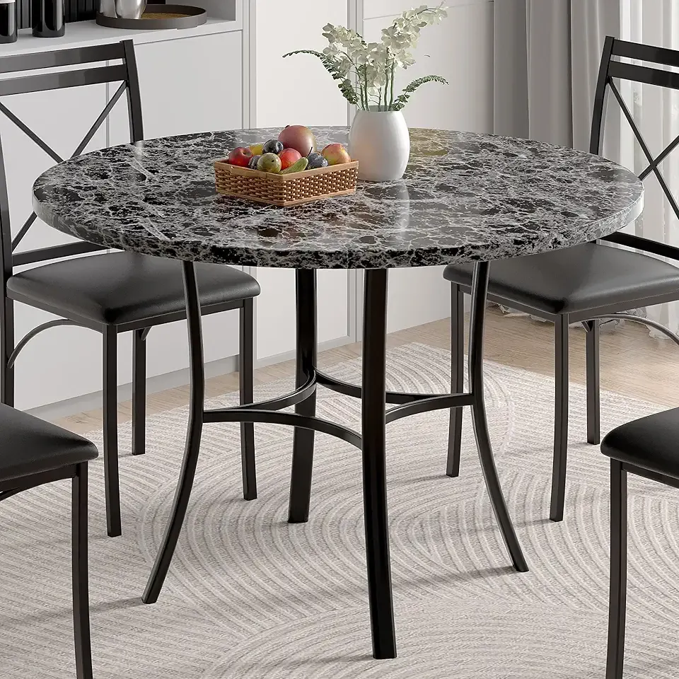 VECELO 36" Round Dining Table for 4, Faux Marble Dinette with Metal Frame for Kitchen, Apartment, Home, Space-Saving, Grey