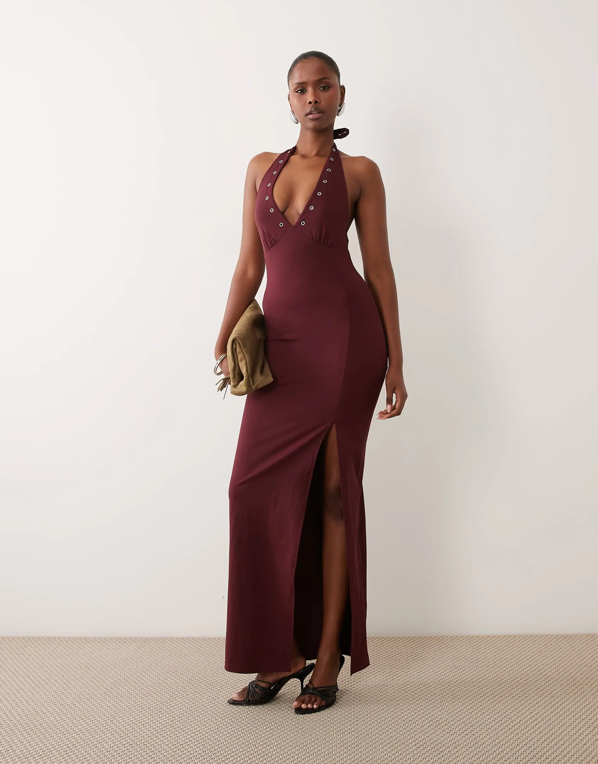 The Frolic exclusive bengaline eyelet detail halterneck plunge maxi dress in plum