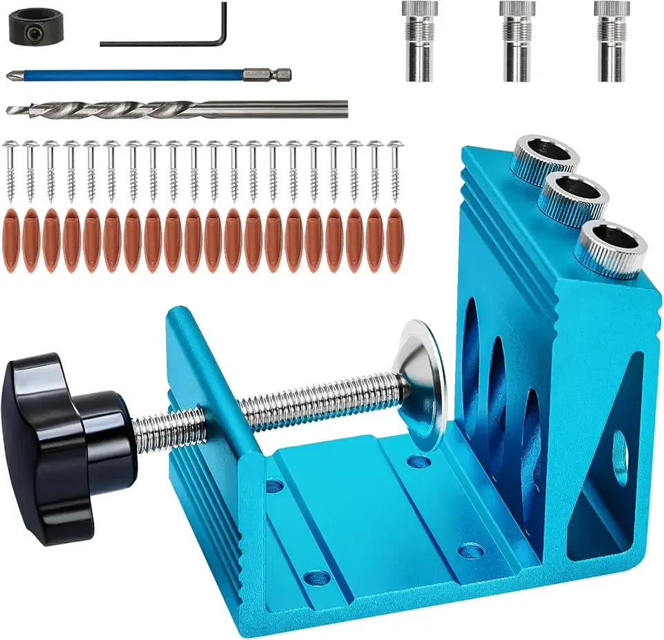 Pocket Hole Jig Kit with 3 Drill Hole Guide Pocket Drill Hole System with 15 Degree Joint Angle Tool Portable Pocket Joinery Screw Kit DIY Woodworking Carpentry Locator