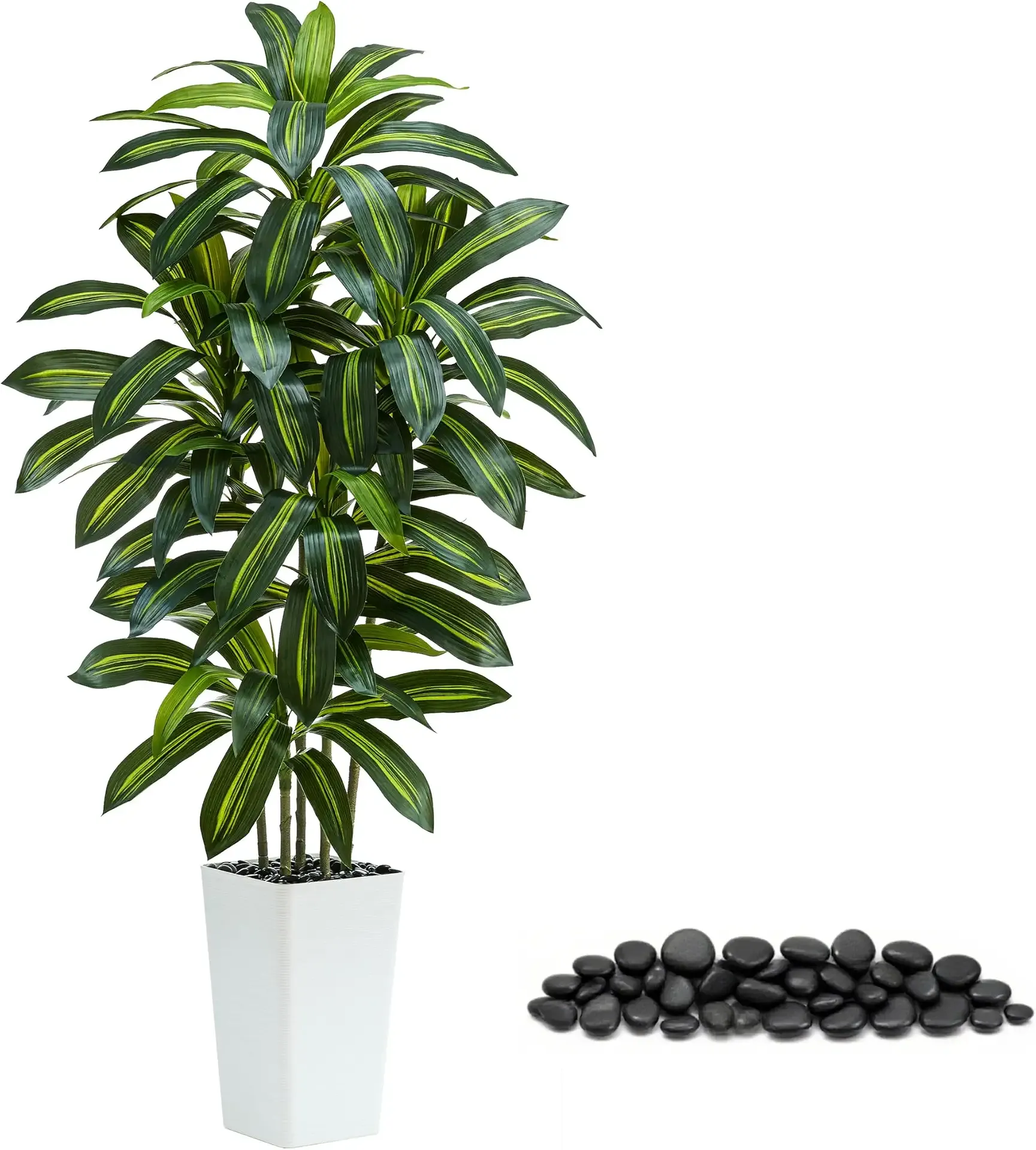 Artificial Dracaena Tree: 5FT Fake Plants Silk Faux Trees（White Pot） | Realistic Fake Floor Plant with Natural Wood Trunk & Lifelike Leaves in Tall Planter for Home Office Decor Indoor & Outdoor