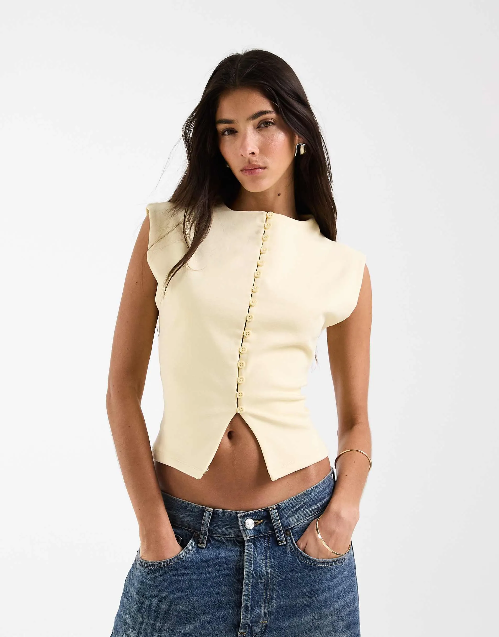 ASOS DESIGN compact cotton grown on sleeve button down top in buttermilk