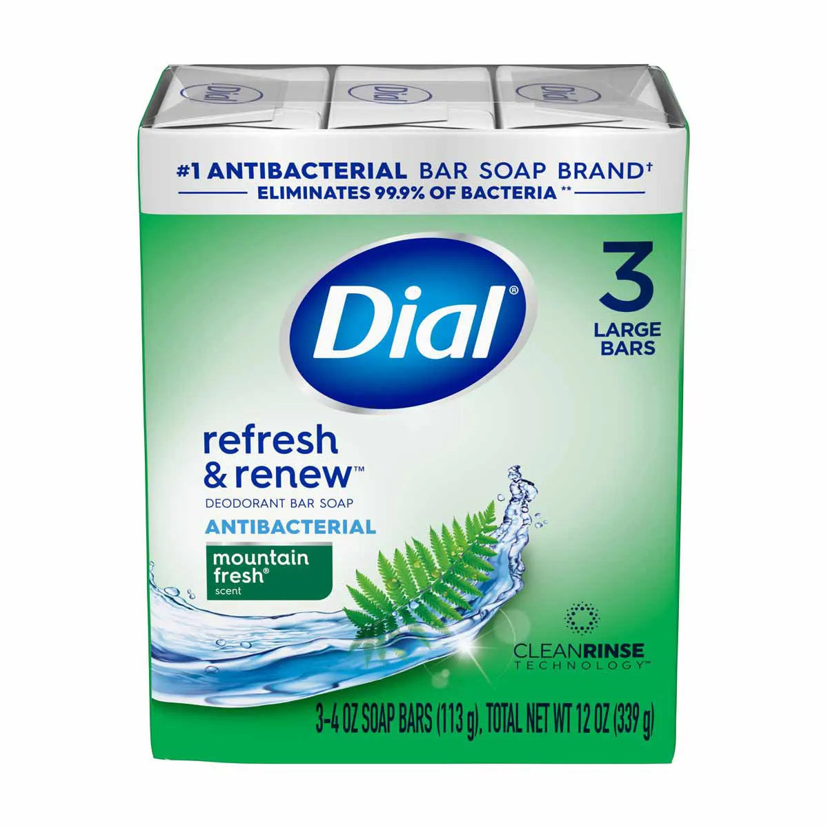 Dial Antibacterial Bar Soap, Refresh & Renew, Mountain Fresh, 4 oz, 3 Bars