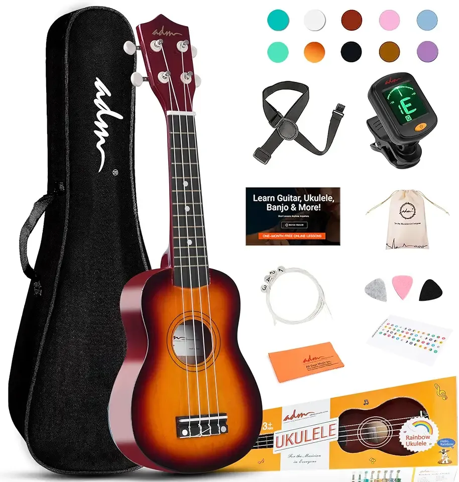 ADM Ukulele for Beginners Hawaiian Wood Ukelele Kit for Kids Adult Student Starter Professional Ukalelee Pack Bundle with Free Lessons Gig Bag Strap Nylon String Tuner (Sunset, 21 Inch)