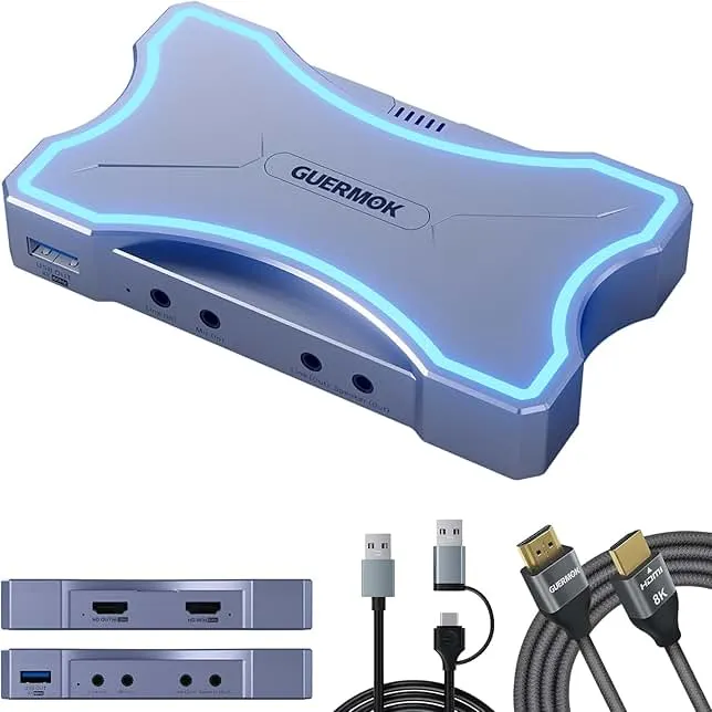 Guermok 4K HDMI Capture Card with Touch LED, Dual HDMI in/Loop-Out, USB 3.0, 4K@60Hz/ 2K@144Hz Video Capture, Mic/Line in, 4K60 P…