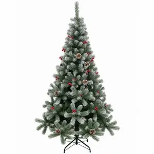 Arbol de Navidad Pino Nevado 180cm con Adorno de Piña Frutos Rojos y Nieve
