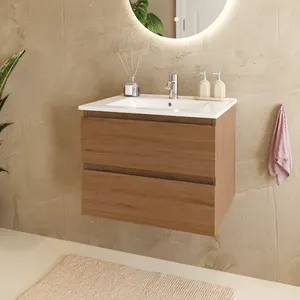 Mueble de baño suspendido 60 cm roble dorado - lavabo blanco - con 2 cajones - LOMAZOO Marenza