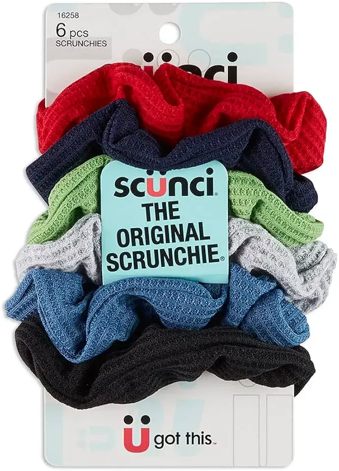 Scunci by Conair The Original Scrunchie Waffle Knit Scrunchies in Navy, White, Red, Blue, Grey and Black, Hair Ties for Women, 6 Count