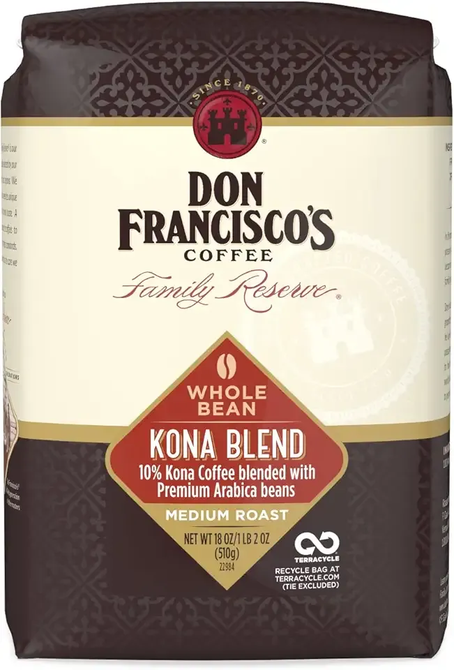 Don Francisco's Kona Blend Whole Bean Coffee, Medium Roast – 100% Arabica, 18 oz Bag, Premium Coffee for Drip, Pour Over and French Press