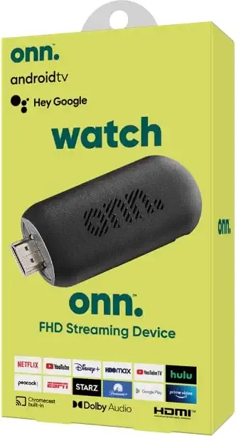 ONN Android TV 2K FHD Streaming Stick with Remote Control & Power Adapter WiFi HDMI Chromecast Built-in