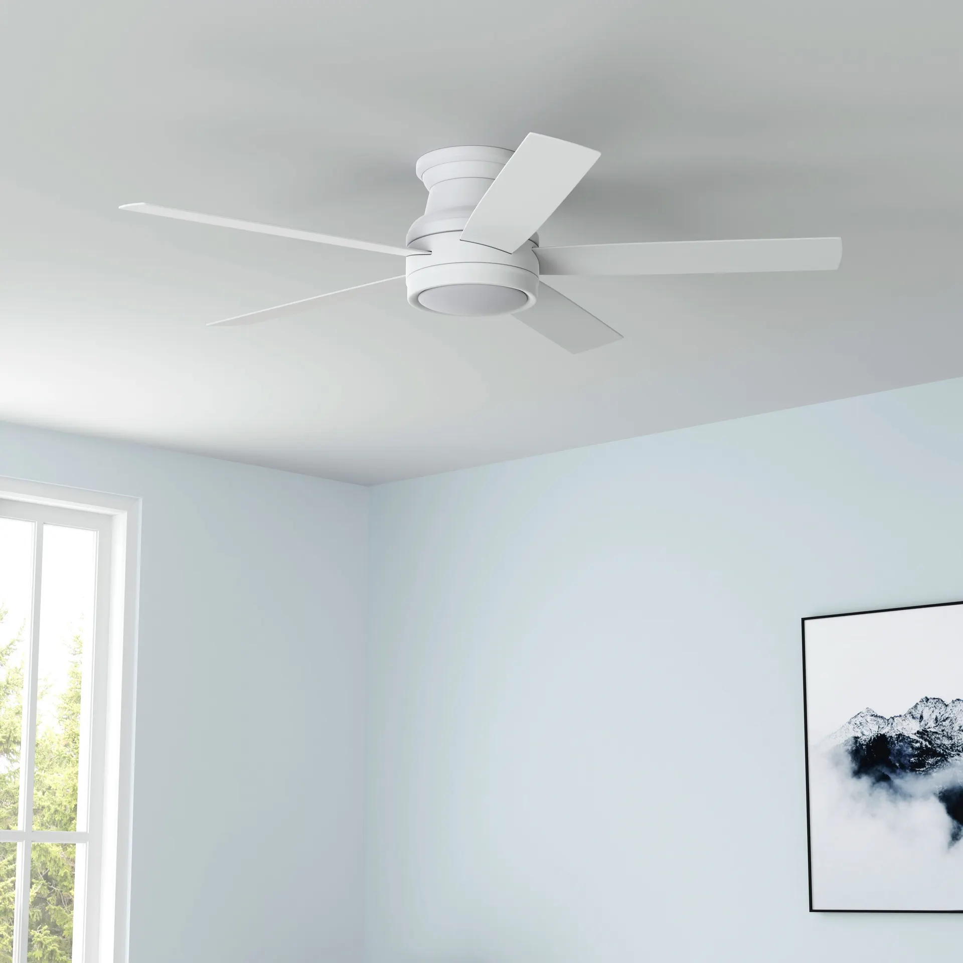 Harbor Breeze Calverton 52-in White with White/Driftwood Blades LED Flush Mount Ceiling Fan With Light and Remote Control Included 5 -Blade