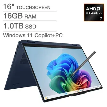 Lenovo IdeaPad 5 16" Touchscreen 2-in-1 CoPilot+ PC Laptop - AMD Ryzen AI 7 350 - 1920 x 1200 - Windows 11 Home - 16GB RAM - 1TB SSD - Cosmic Blue