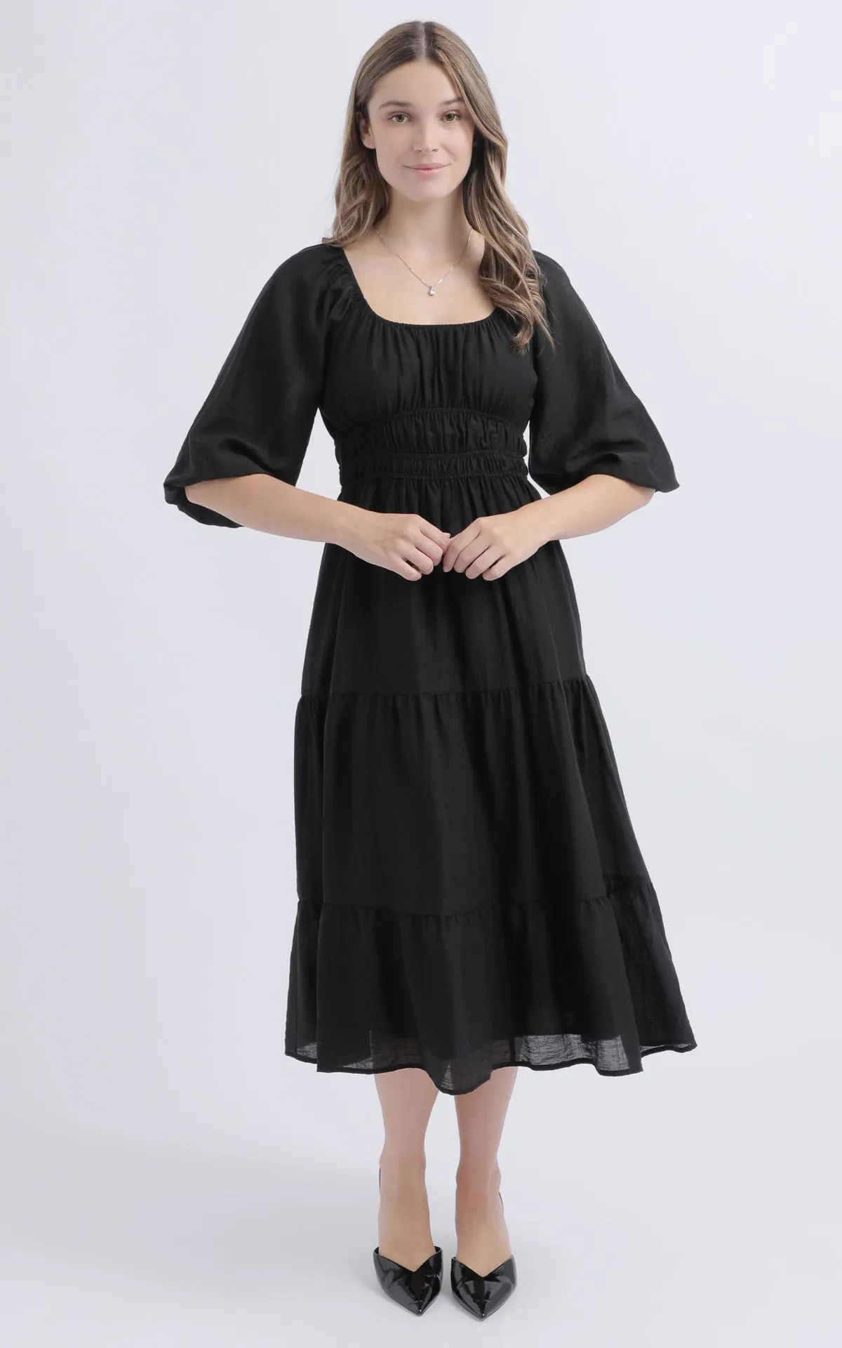 Voile Ruched 3/4 Slv Midi Dress