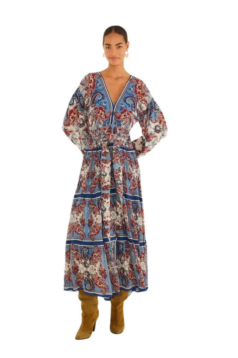 Paisley Scarf Long Sleeve Maxi Dress - Blå