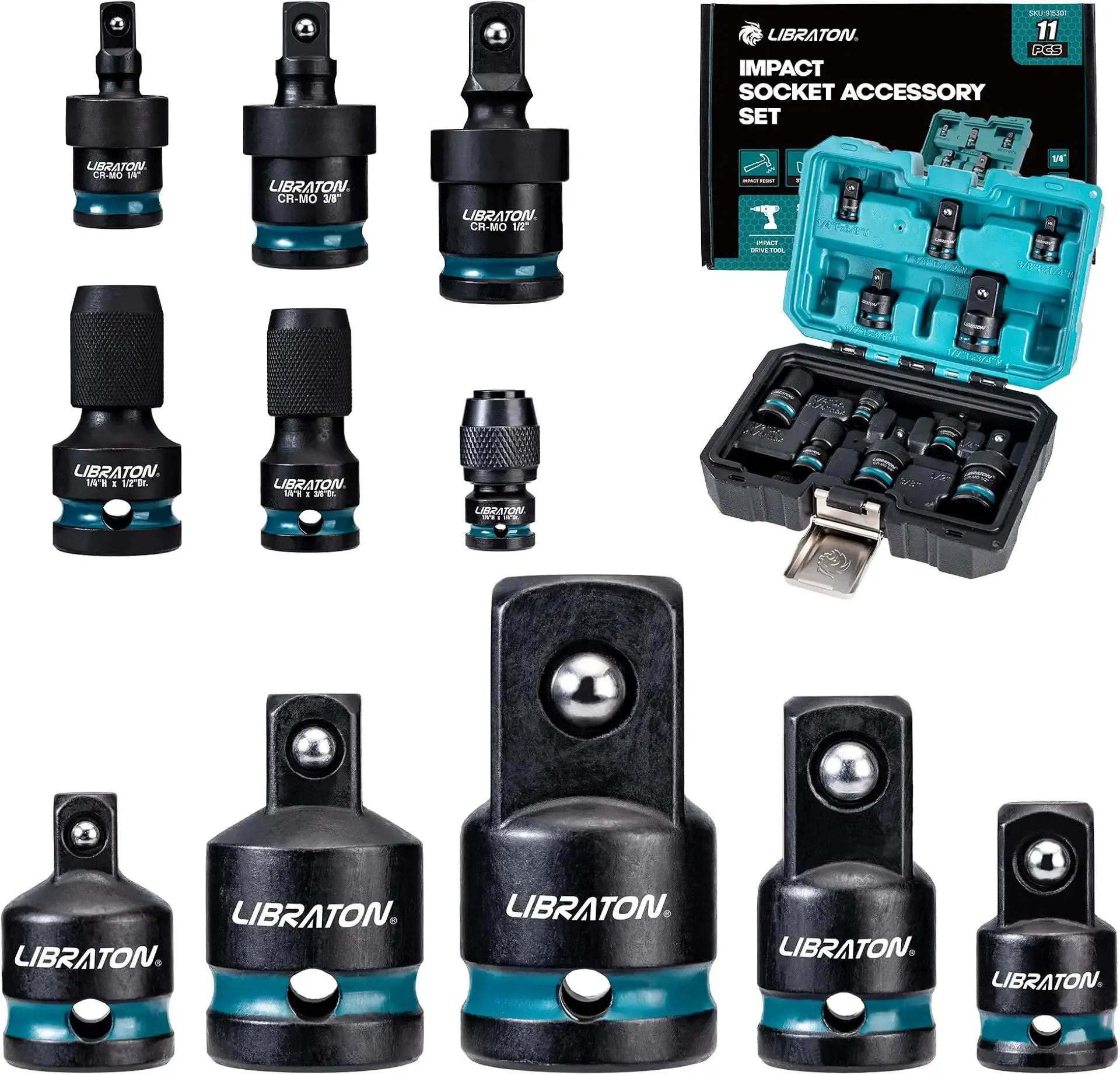 LIBRATON Impact Socket Adapter and Reducer Set 11PCS, Socket Adapter Reducers, Swivel Socket Adapters, Impact to 1/4 Hex Converters, Impact Wrench Adapters for Automotive Repair, with Blow Molded Box