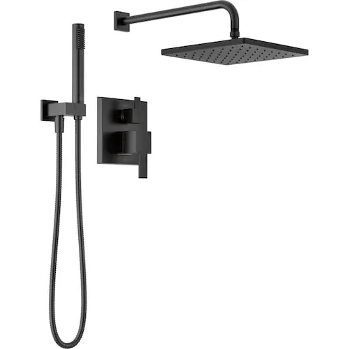 Delta Modern Shower Kit 2-Handle 1-Spray Square 10-Inch Raincan Wall Mount Fixed and Handheld Shower Head 1.75 GPM in Matte Black (Rougn-in Valve Included)