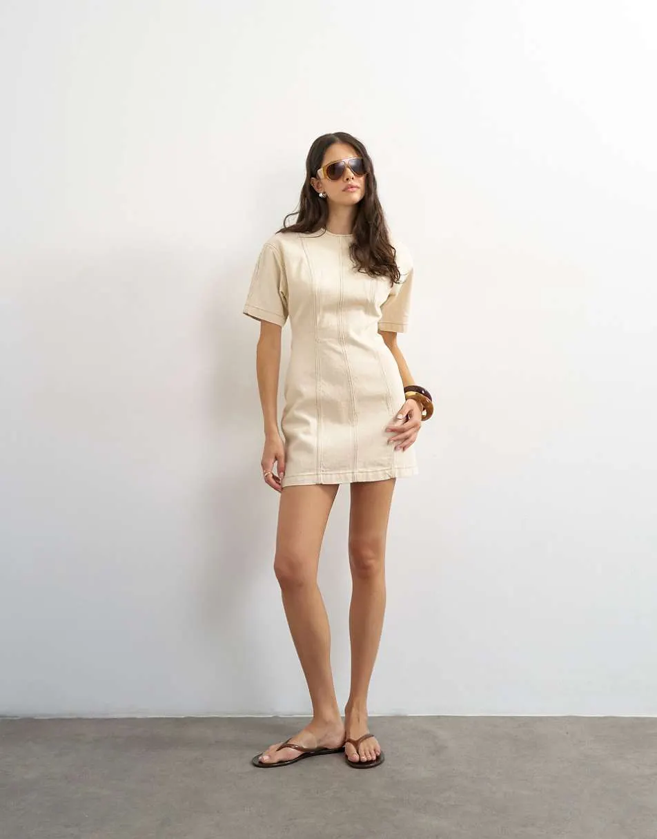 Topshop denim short sleeve mini dress in bone
