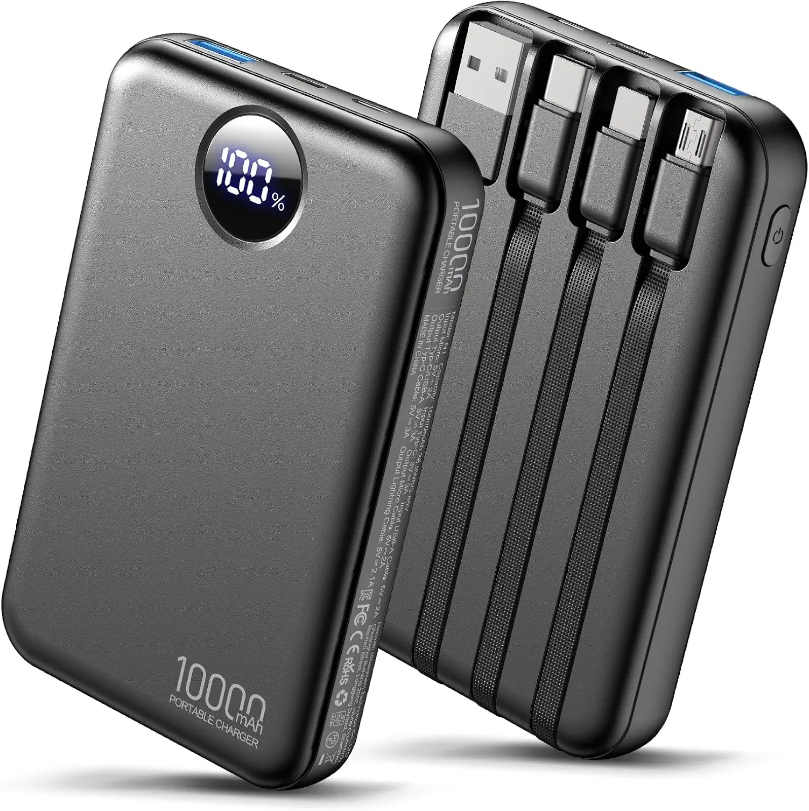 Portable Charger 10000mAh with 4 Built-in Cables 40% Smaller | Power Bank Fast Charging Battery Pack,LED Display Compact with Travel Charger for iPhone Other Devices-Black