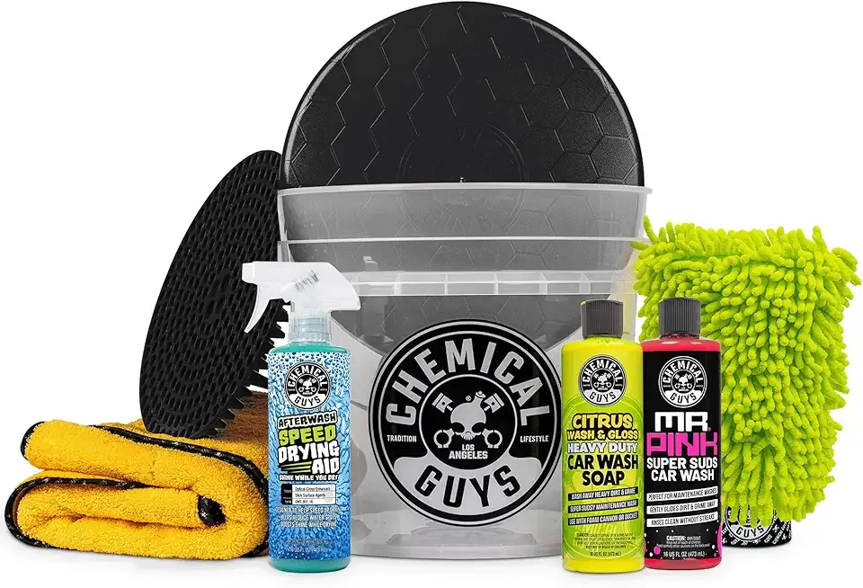Chemical Guys Car Cleaning Kit, Complete Car Wash Kit with Soap, Wash Bucket, 3-16 oz Car Care Cleaners, Interior and Exterior Cleaning Essentials, 8 Item Detailing Set